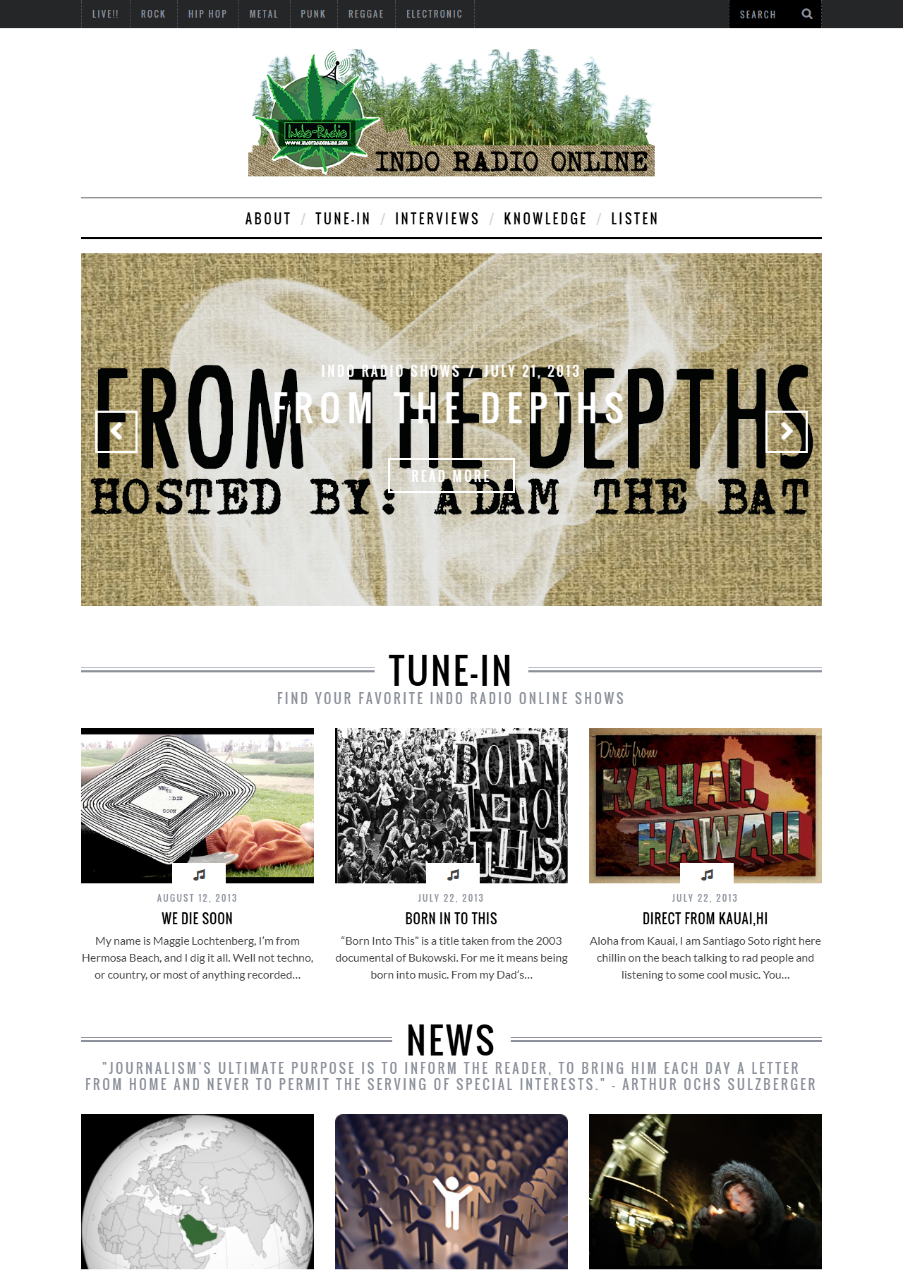 IndoRadioOnline.com in December 2013 — leaf masthead, From the Depths hosted by Adam the Bat
